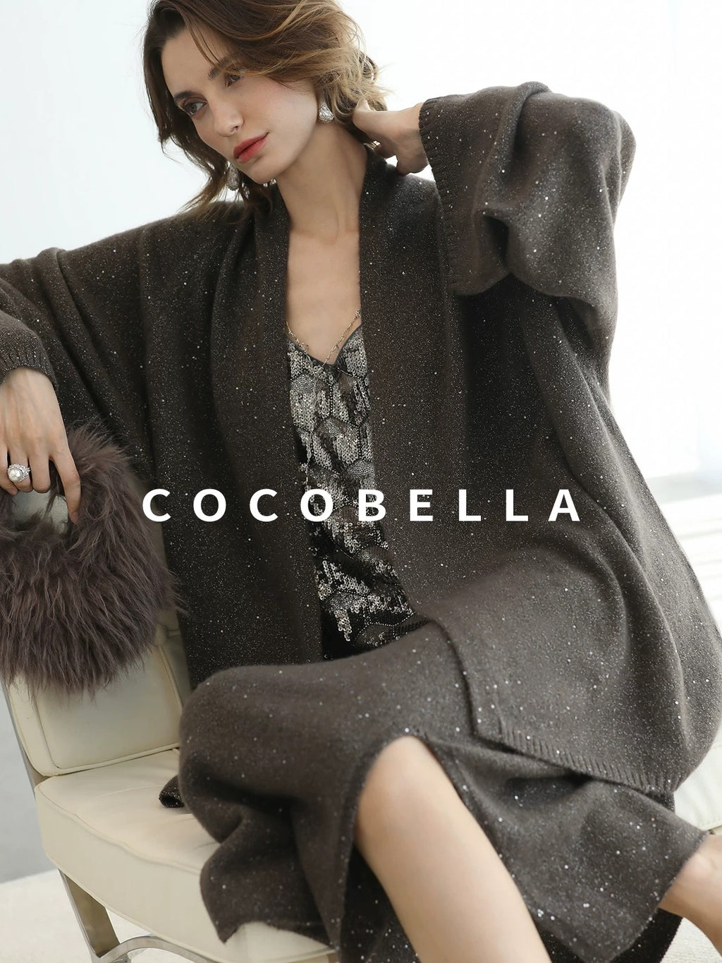 COCOBELLA Shimmer Chain V Neck Vacation Straight Tank Top For Women Platinum Gray Tops