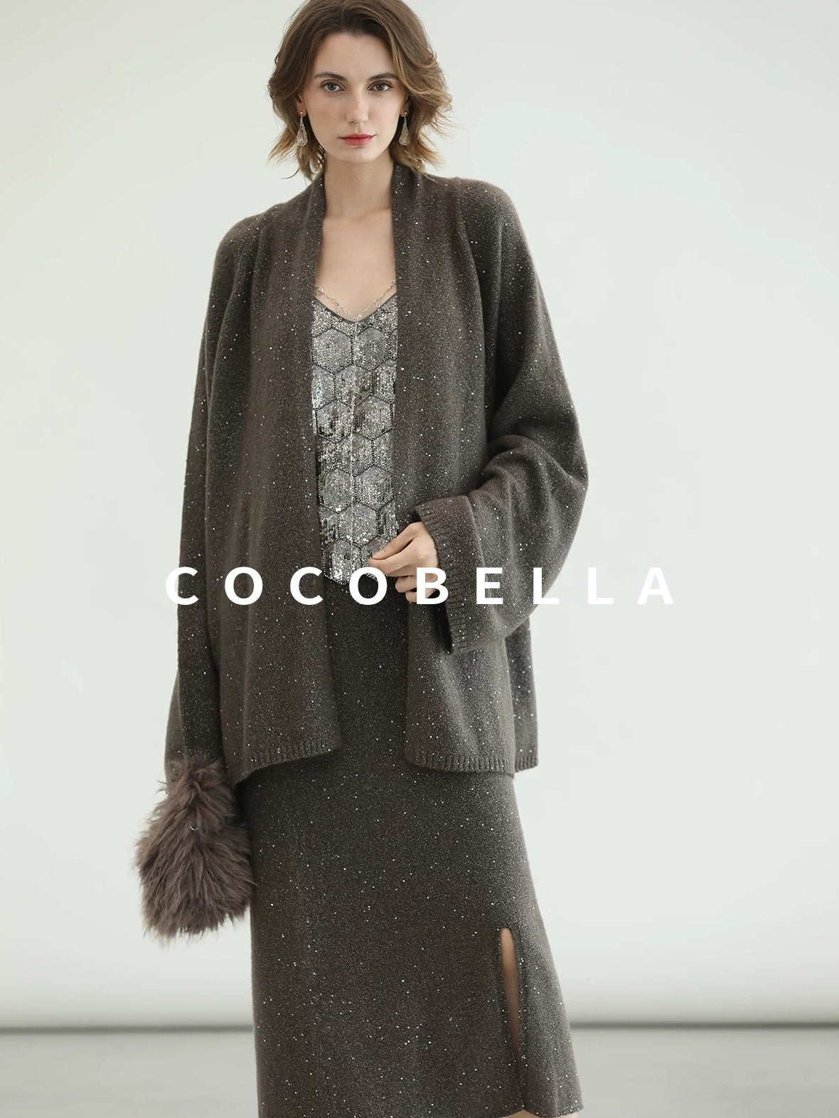 COCOBELLA Shimmer Chain V Neck Vacation Straight Tank Top For Women Platinum Gray Tops