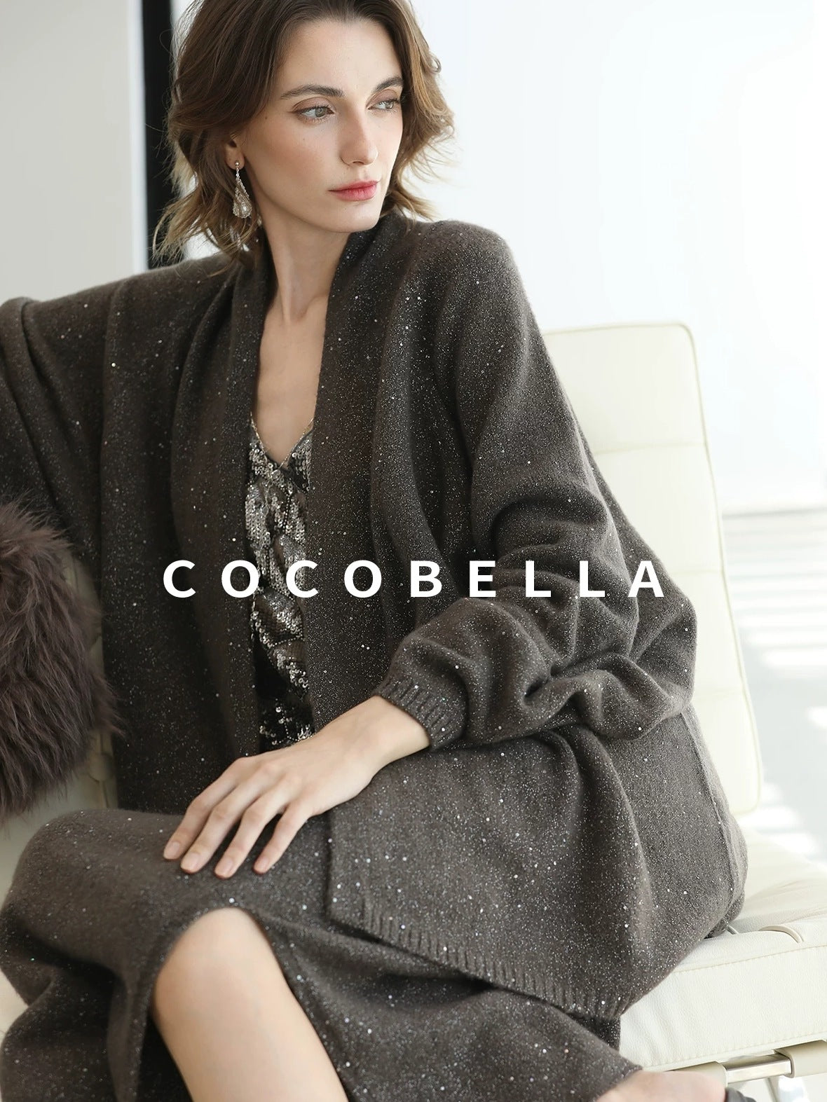 COCOBELLA Shimmer Chain V Neck Vacation Straight Tank Top For Women Platinum Gray Tops