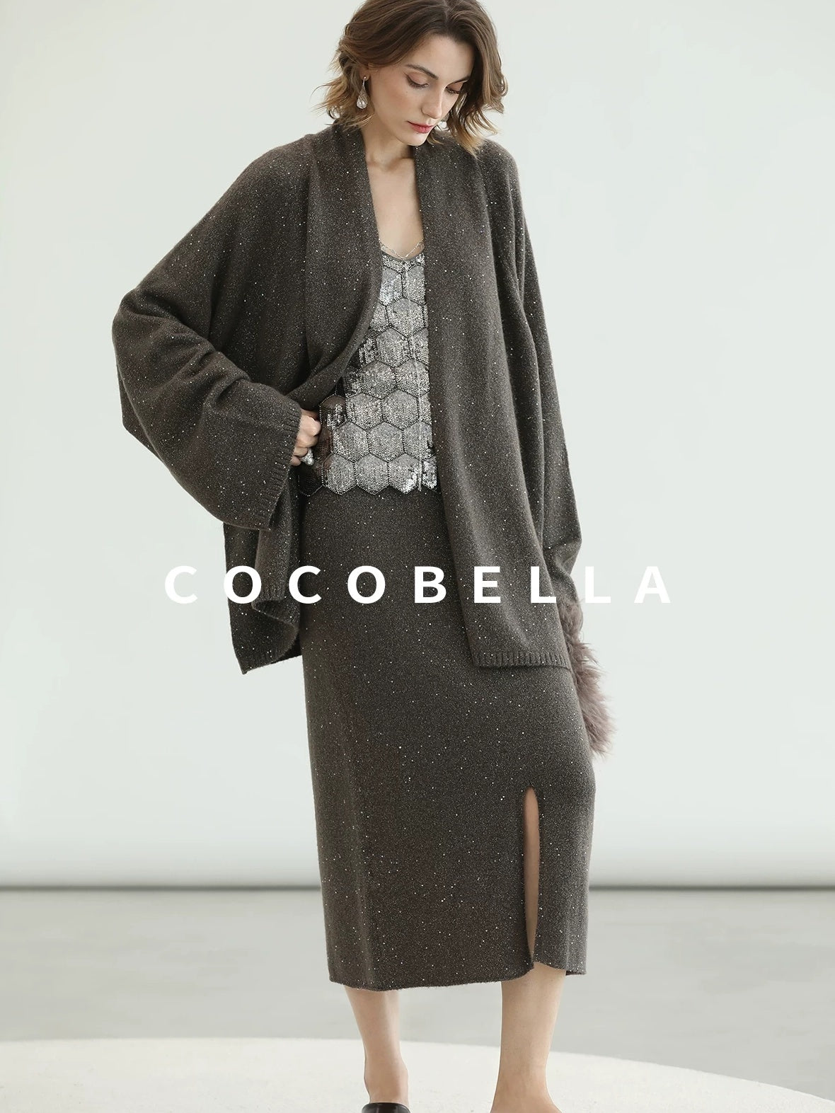 COCOBELLA Shimmer Chain V Neck Vacation Straight Tank Top For Women Platinum Gray Tops