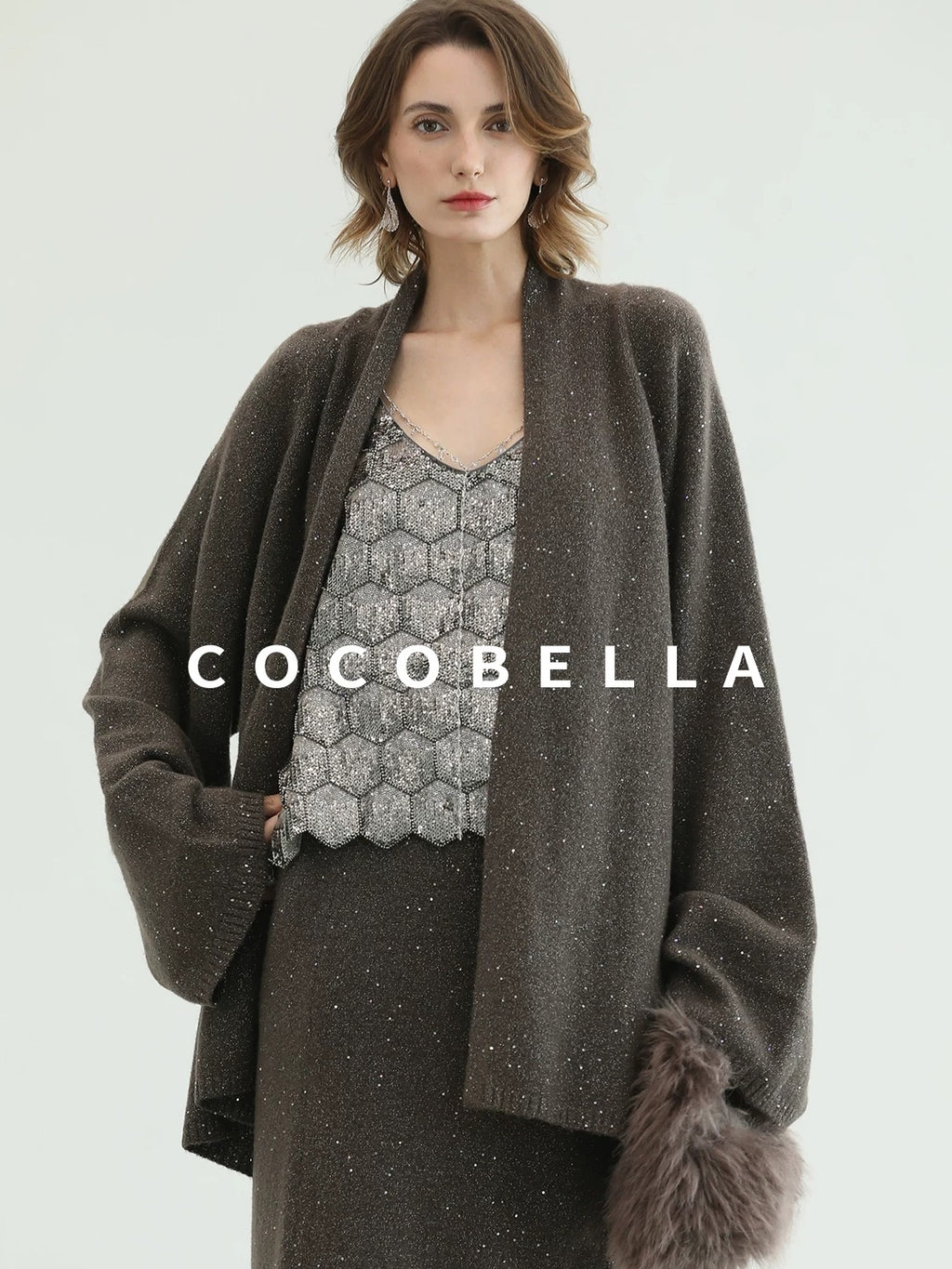 COCOBELLA Shimmer Chain V Neck Vacation Straight Tank Top For Women Platinum Gray Tops