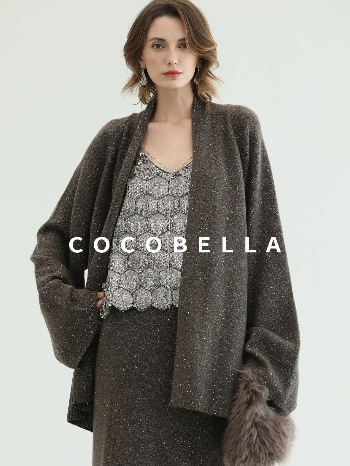 COCOBELLA Shimmer Chain V Neck Vacation Straight Tank Top For Women Platinum Gray Tops