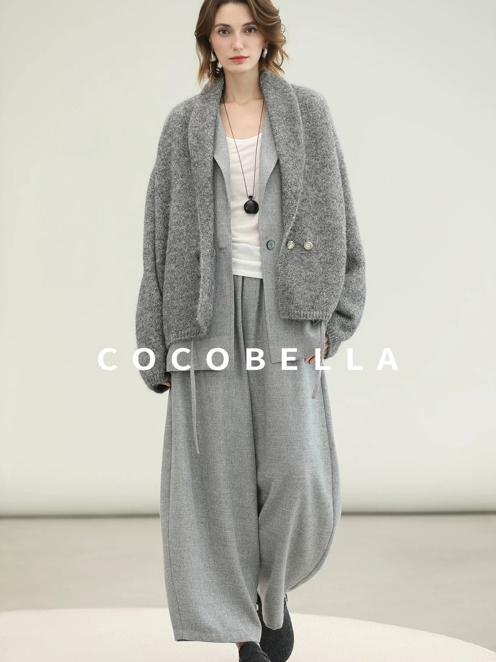 COCOBELLA Shimmer Double Breasted Loose Fit Office Cardigan Thick Knit Sweater