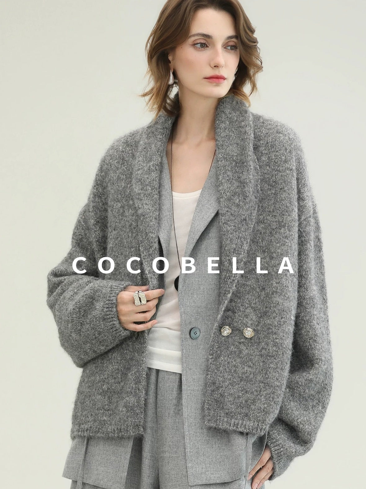 COCOBELLA Shimmer Double Breasted Loose Fit Office Cardigan Thick Knit Sweater