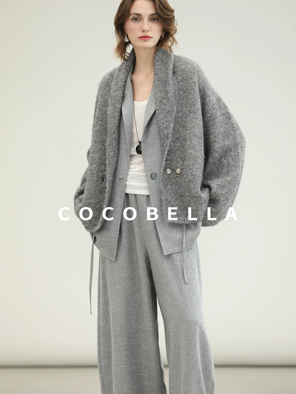 COCOBELLA Shimmer Double Breasted Loose Fit Office Cardigan Thick Knit Sweater