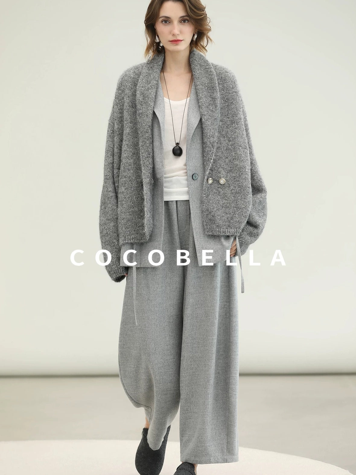 COCOBELLA Shimmer Double Breasted Loose Fit Office Cardigan Thick Knit Sweater
