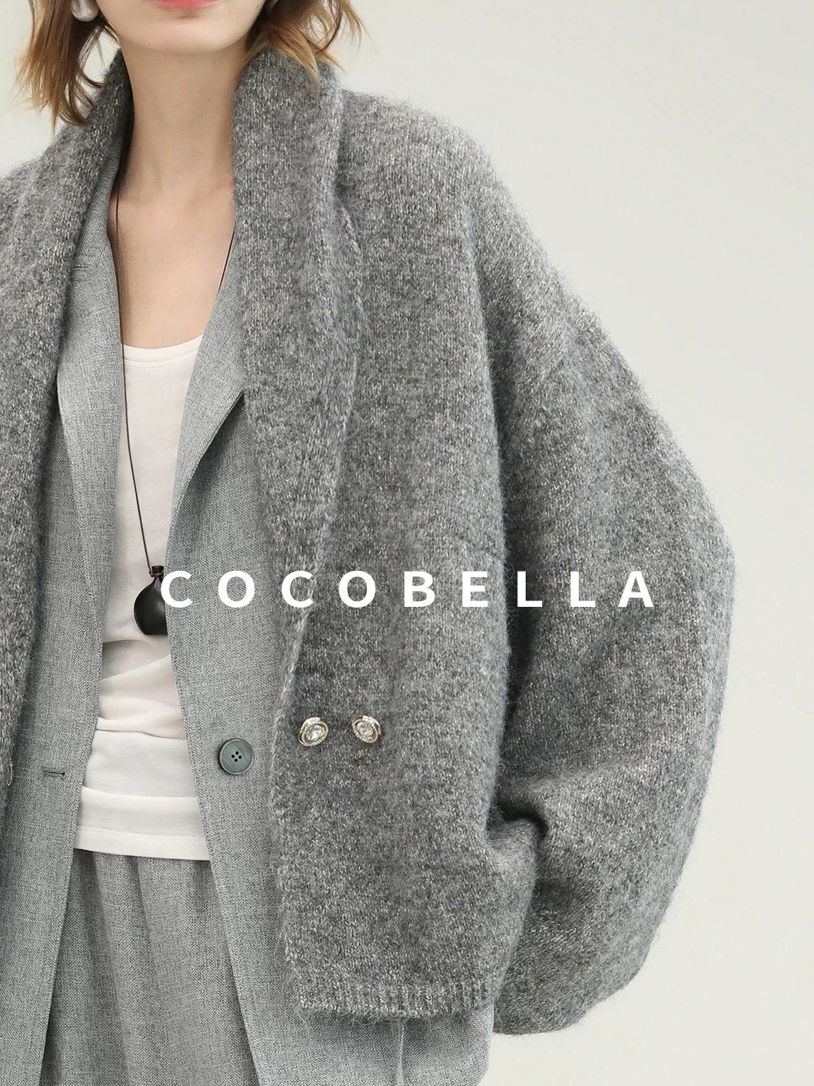 COCOBELLA Shimmer Double Breasted Loose Fit Office Cardigan Thick Knit Sweater