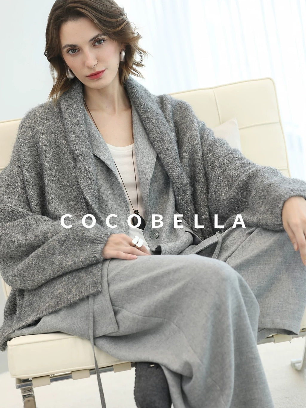 COCOBELLA Shimmer Double Breasted Loose Fit Office Cardigan Thick Knit Sweater
