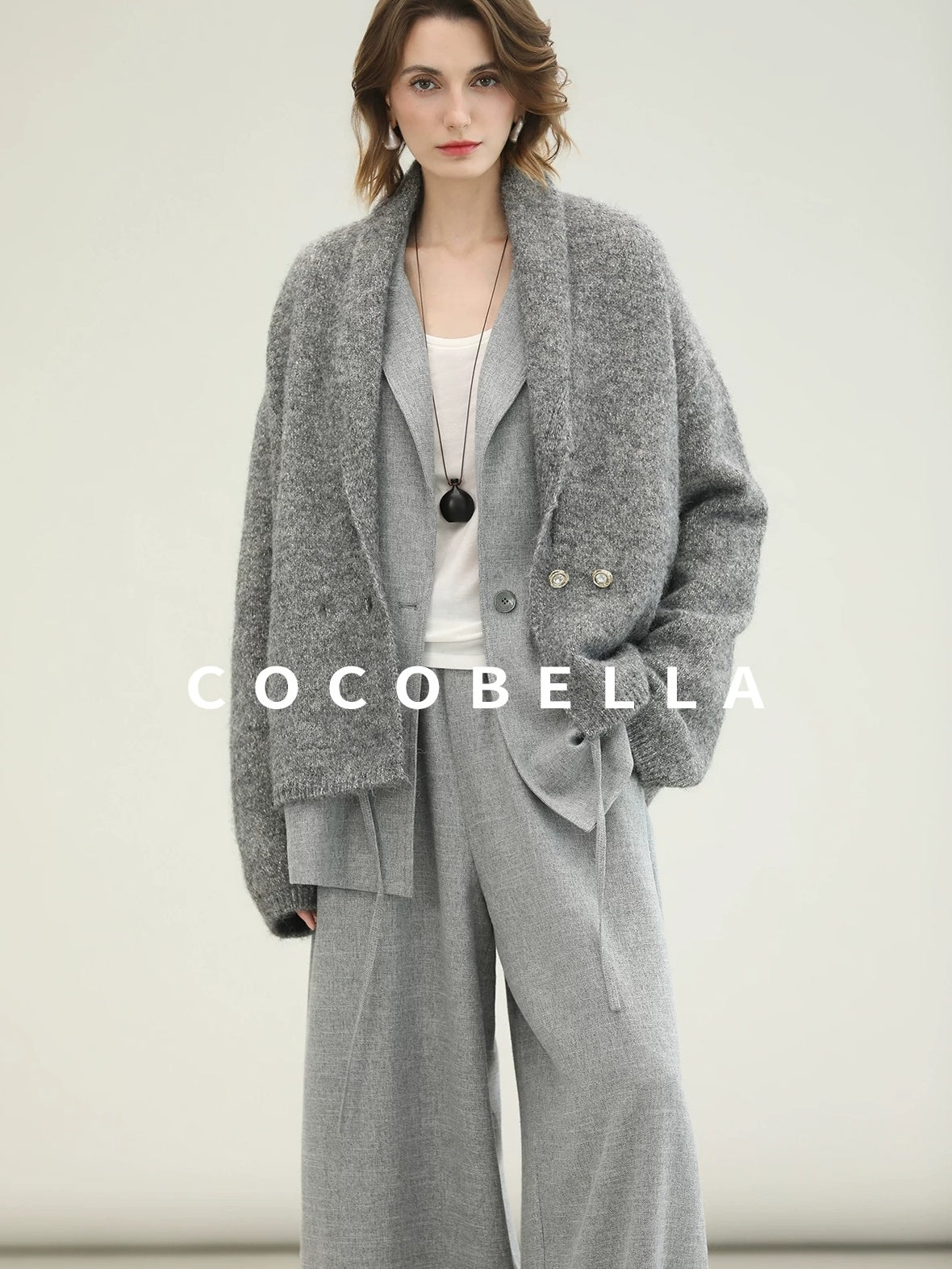 COCOBELLA Shimmer Double Breasted Loose Fit Office Cardigan Thick Knit Sweater