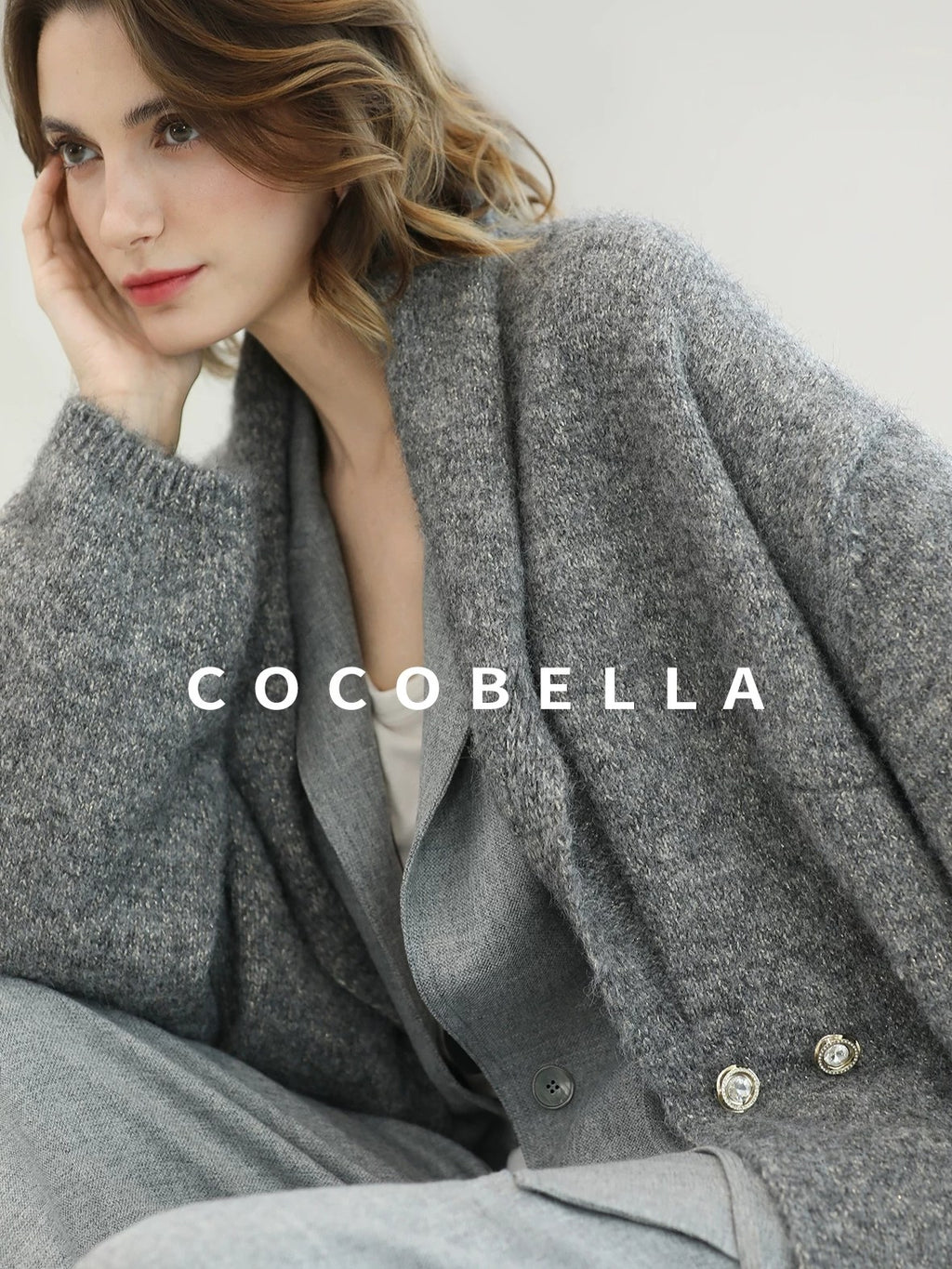 COCOBELLA Shimmer Double Breasted Loose Fit Office Cardigan Thick Knit Sweater