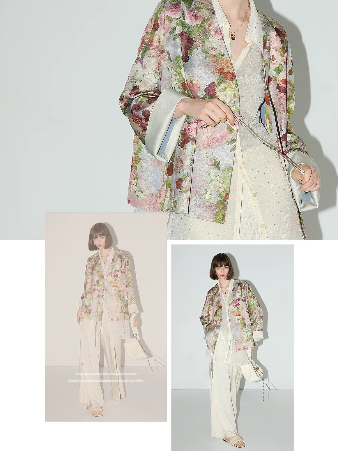 COCOBELLA Shimmer Floral Button Pocket Straight Fit Office V Neck Women Blazers