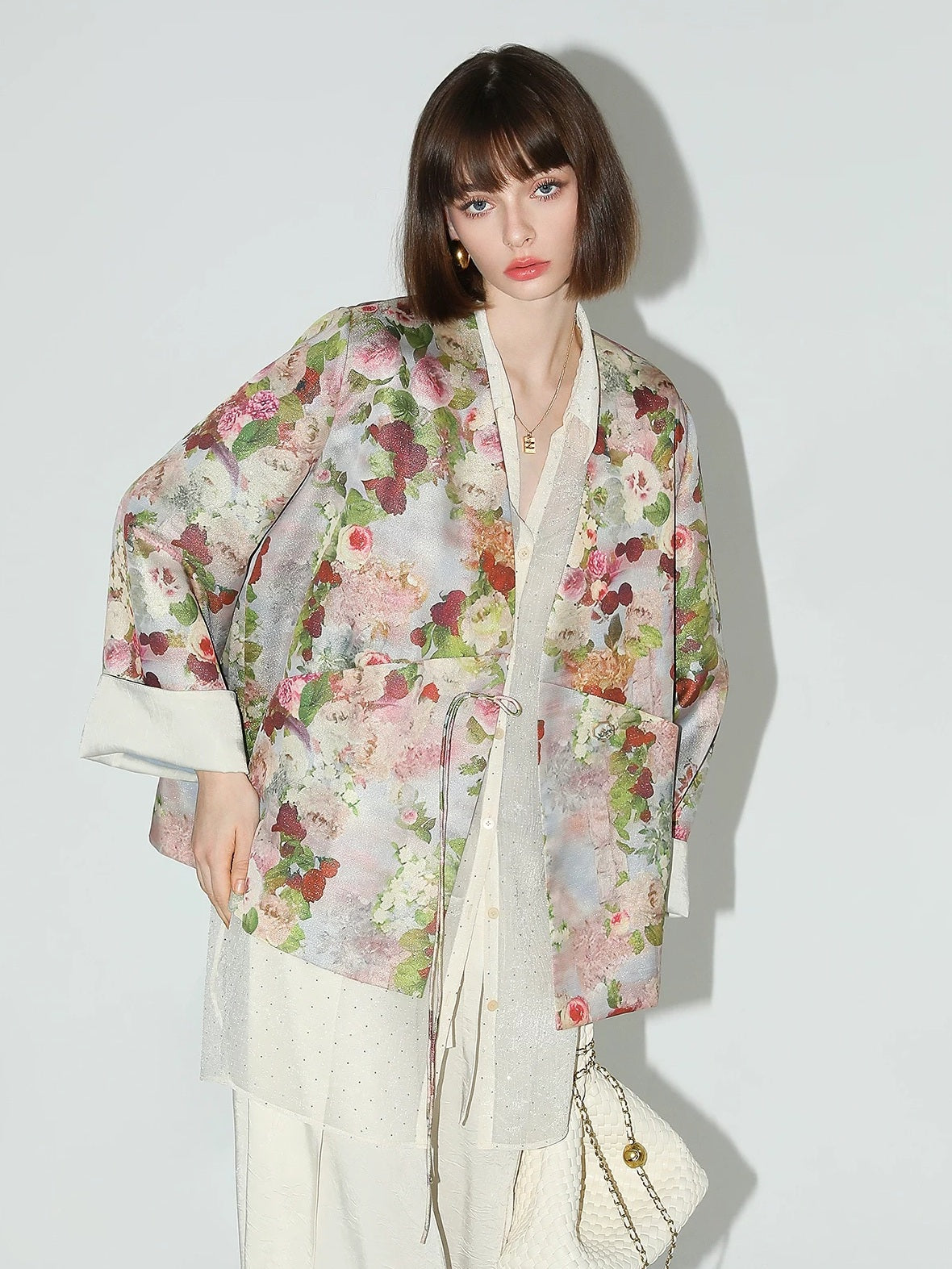 COCOBELLA Shimmer Floral Button Pocket Straight Fit Office V Neck Women Blazers