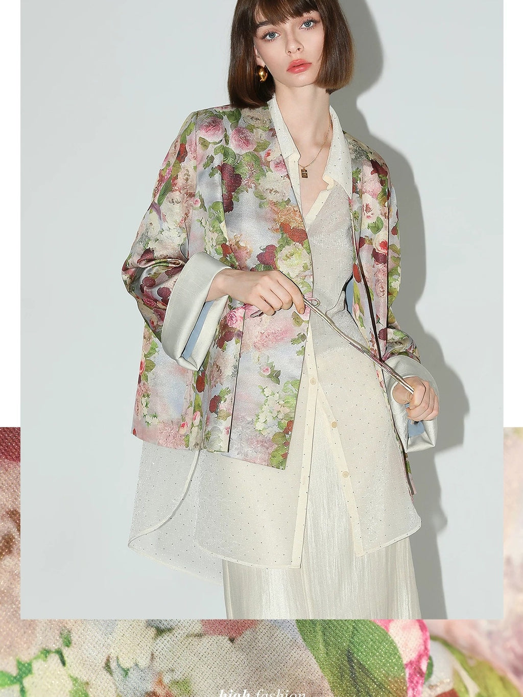 COCOBELLA Shimmer Floral Button Pocket Straight Fit Office V Neck Women Blazers