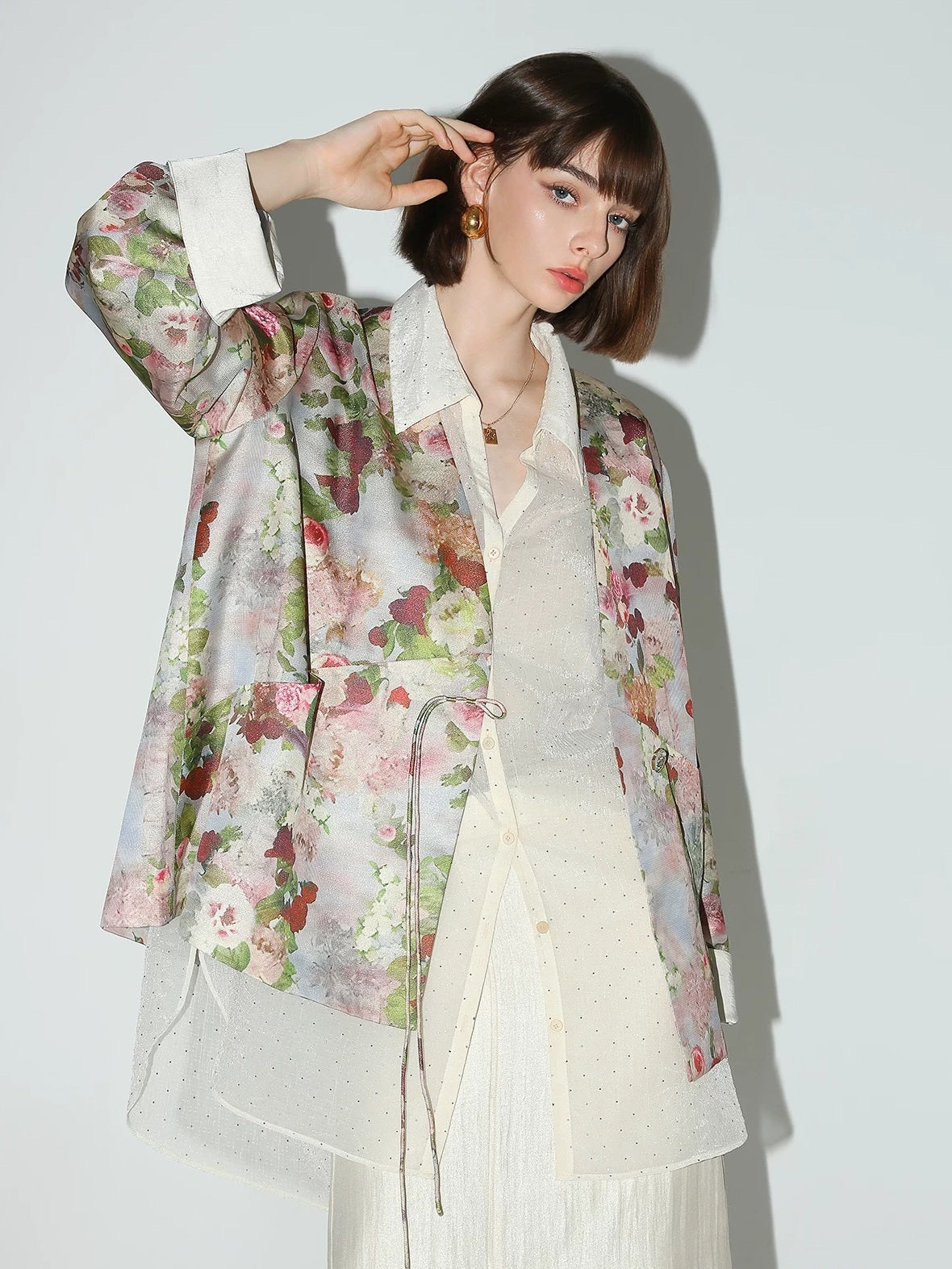 COCOBELLA Shimmer Floral Button Pocket Straight Fit Office V Neck Women Blazers