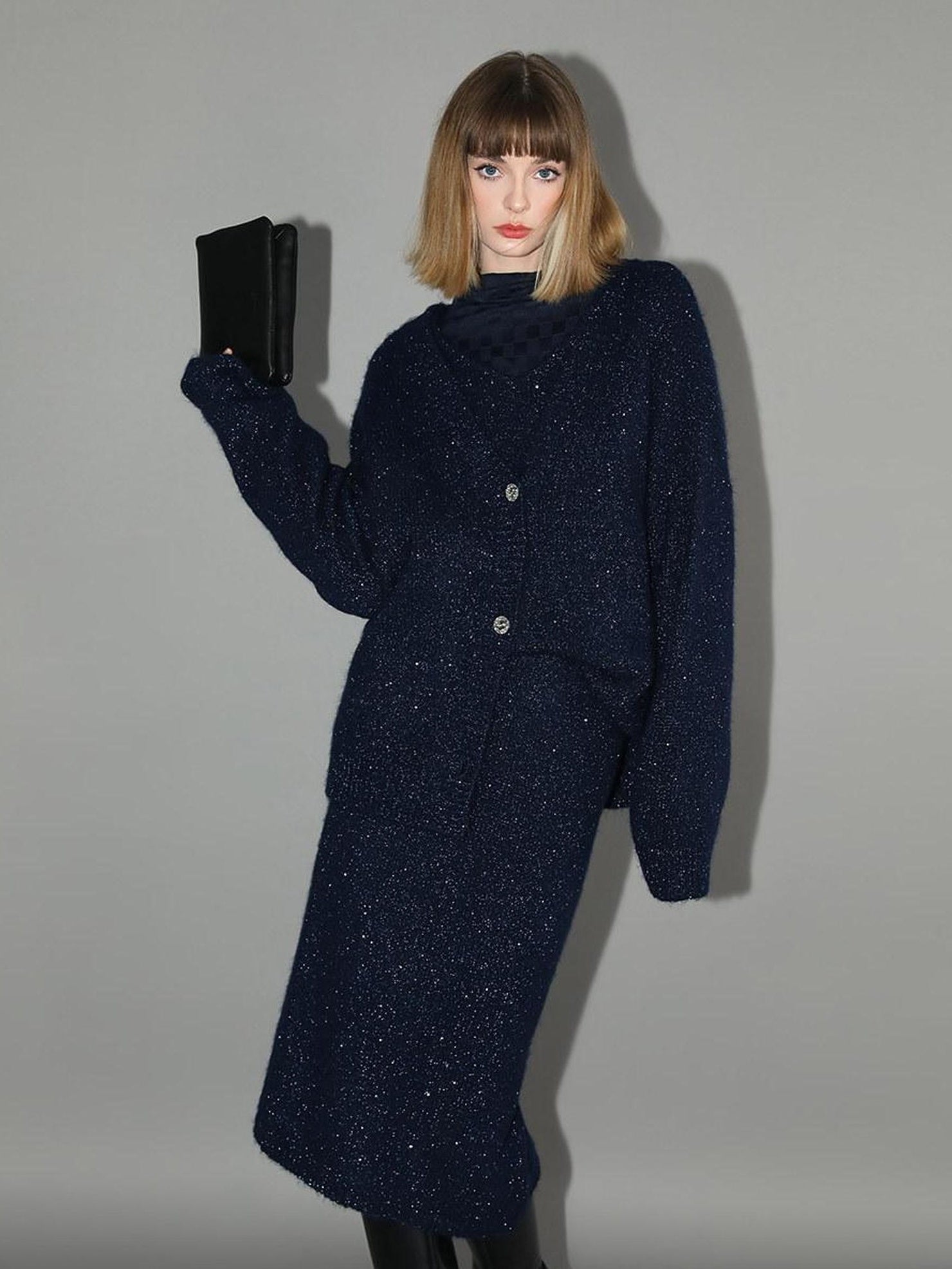 COCOBELLA Shimmer Knit Midi Straight H Line Back Slit Mid Waist Women Commuter Skirts