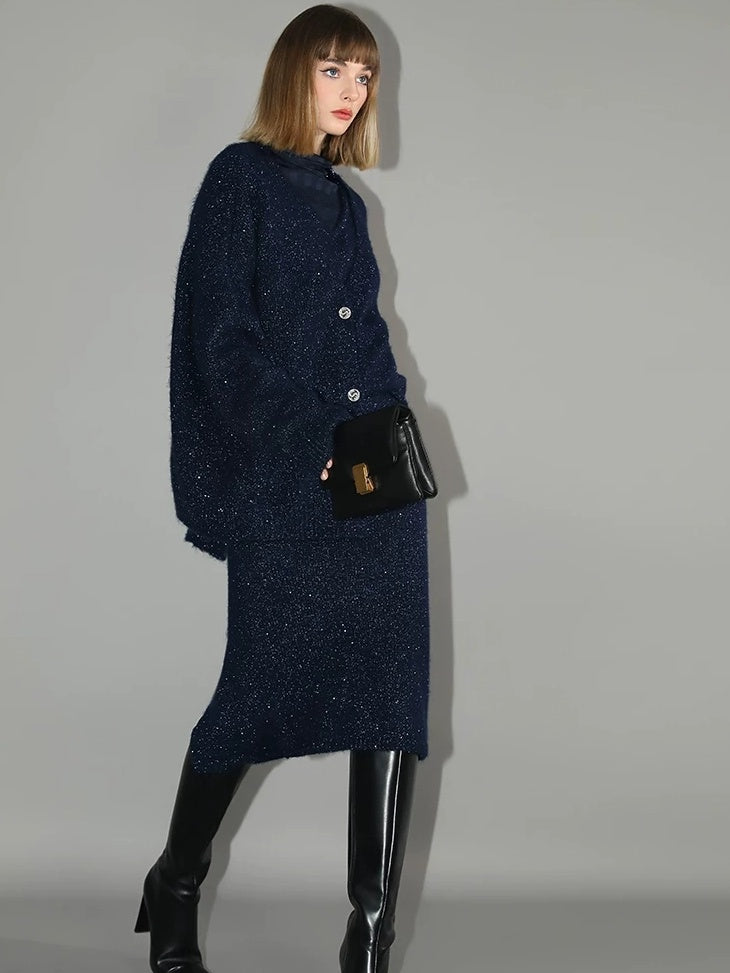 COCOBELLA Shimmer Knit Midi Straight H Line Back Slit Mid Waist Women Commuter Skirts