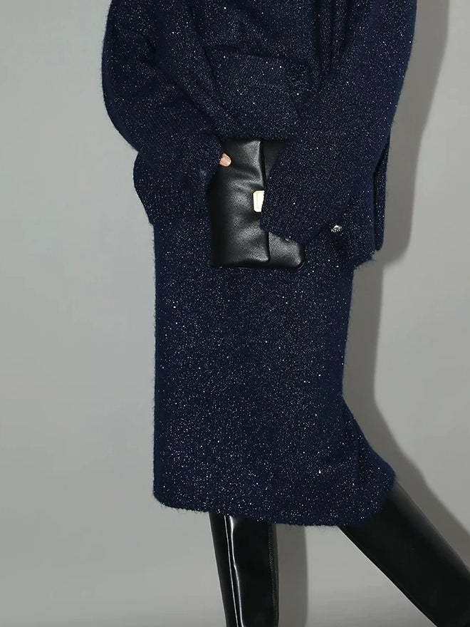 COCOBELLA Shimmer Knit Midi Straight H Line Back Slit Mid Waist Women Commuter Skirts