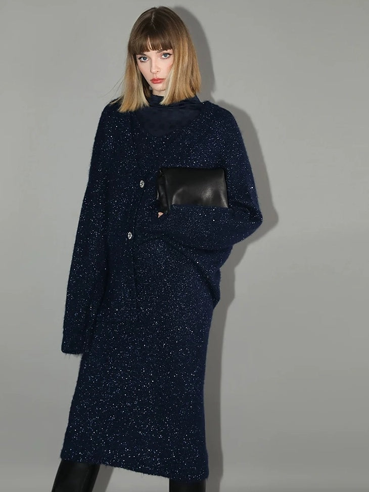 COCOBELLA Shimmer Knit Midi Straight H Line Back Slit Mid Waist Women Commuter Skirts