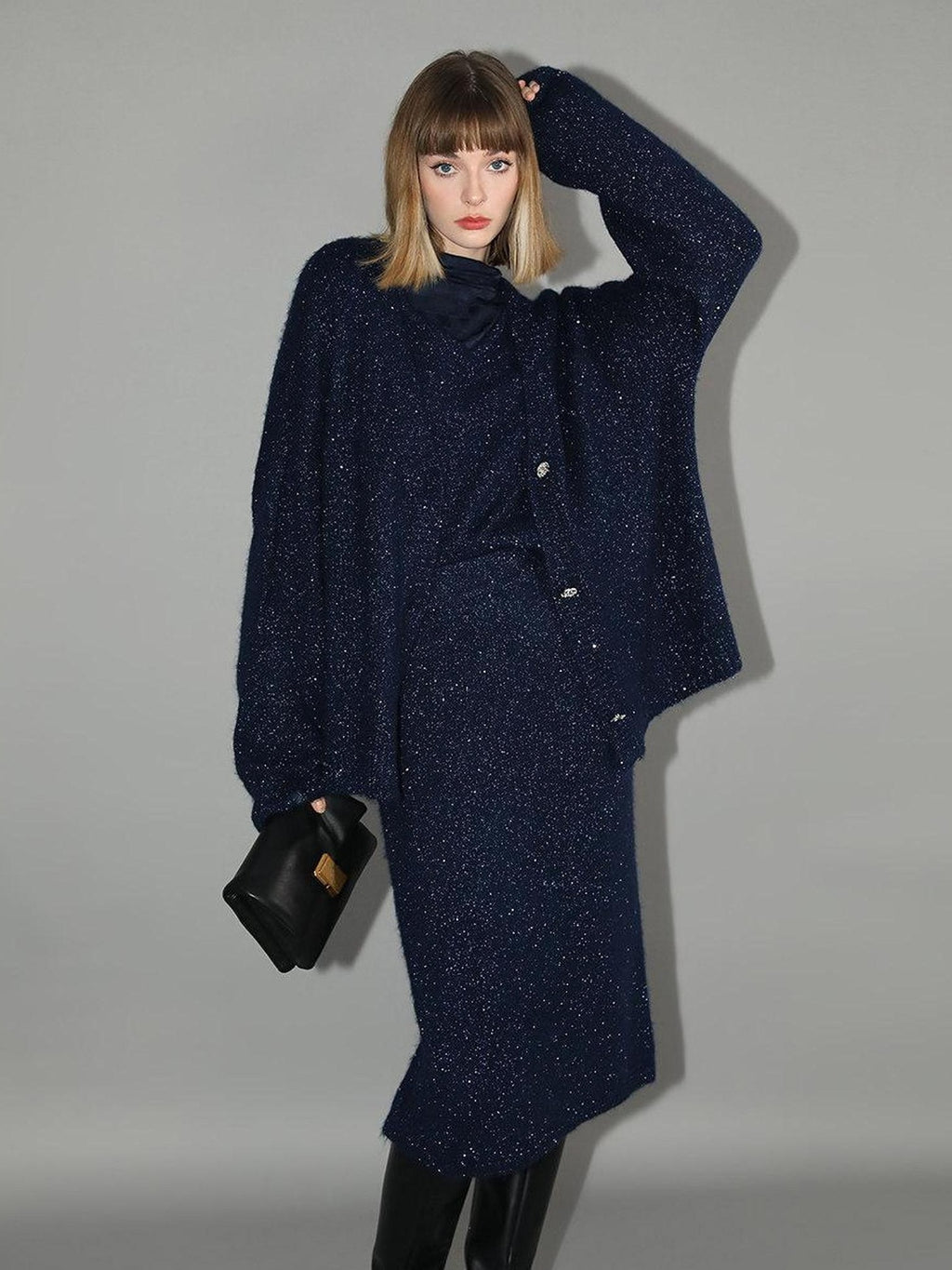 COCOBELLA Shimmer Knit Midi Straight H Line Back Slit Mid Waist Women Commuter Skirts