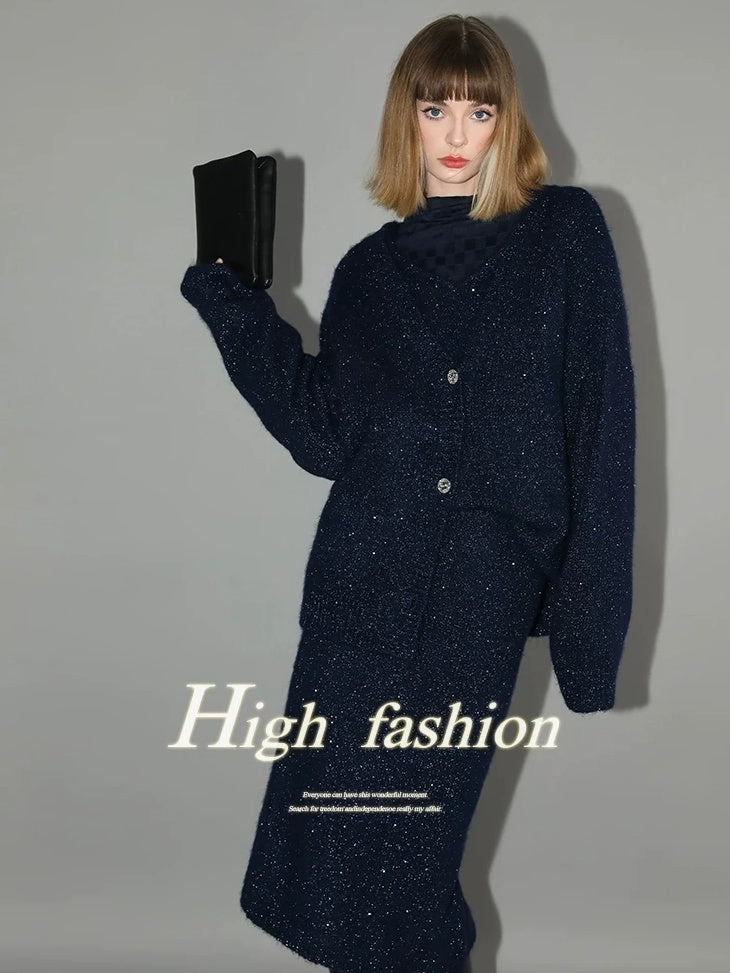 COCOBELLA Shimmer Knit Midi Straight H Line Back Slit Mid Waist Women Commuter Skirts