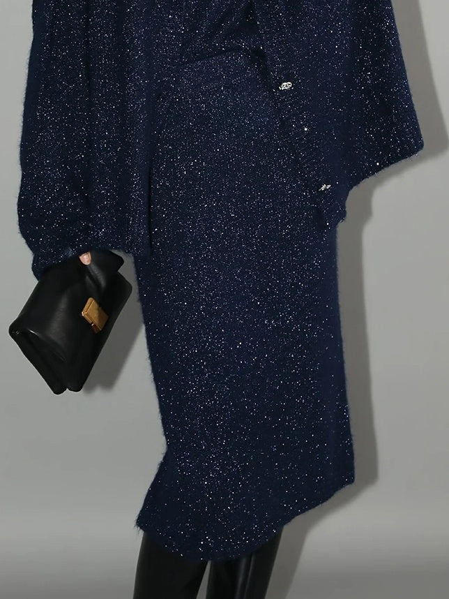 COCOBELLA Shimmer Knit Midi Straight H Line Back Slit Mid Waist Women Commuter Skirts