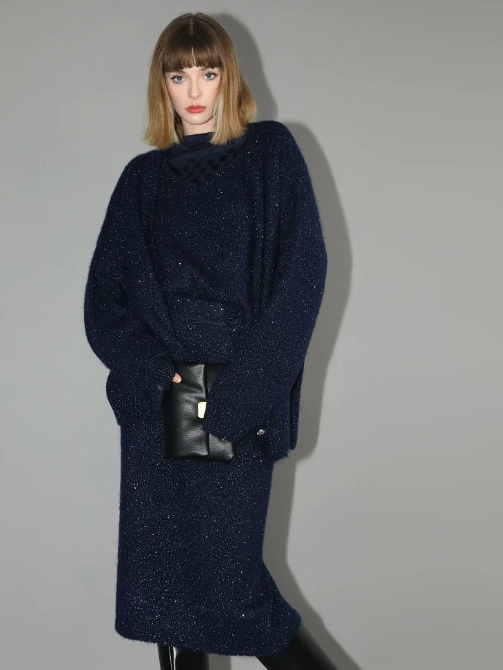 COCOBELLA Shimmer Knit Midi Straight H Line Back Slit Mid Waist Women Commuter Skirts