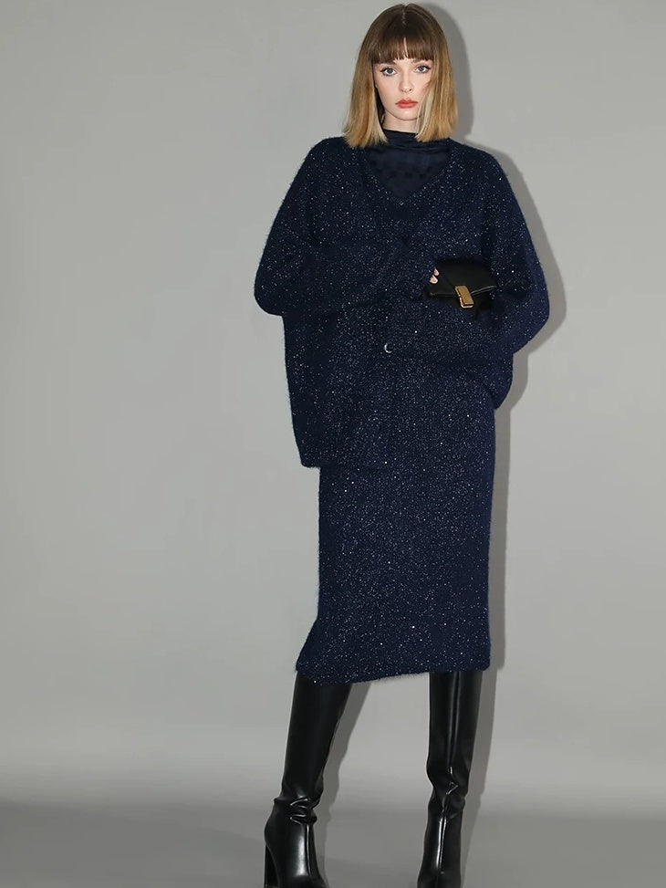 COCOBELLA Shimmer Knit Midi Straight H Line Back Slit Mid Waist Women Commuter Skirts