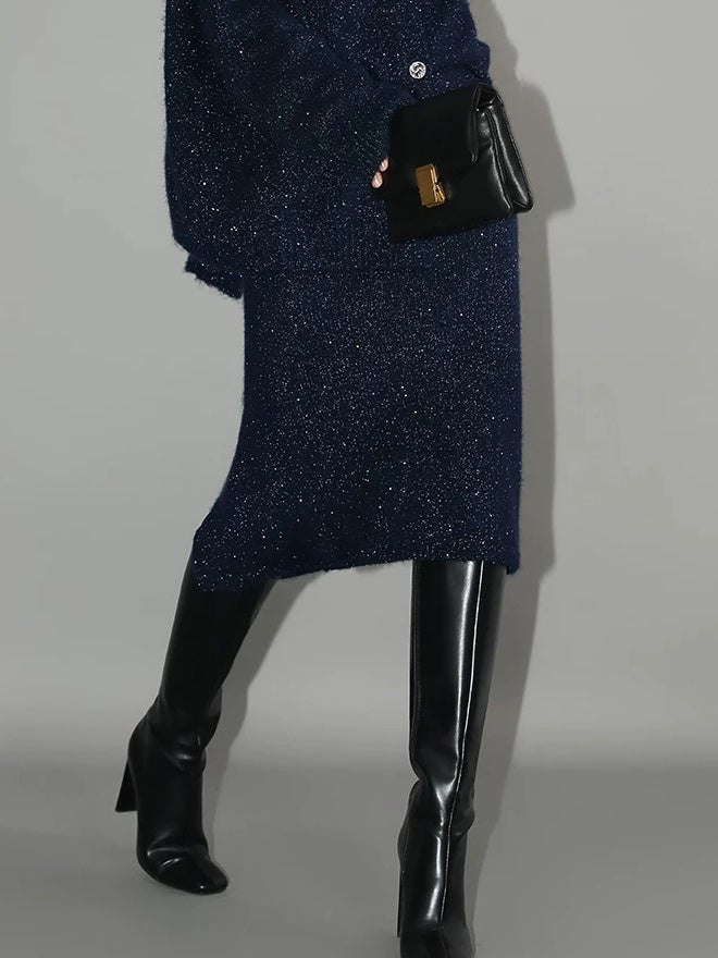 COCOBELLA Shimmer Knit Midi Straight H Line Back Slit Mid Waist Women Commuter Skirts