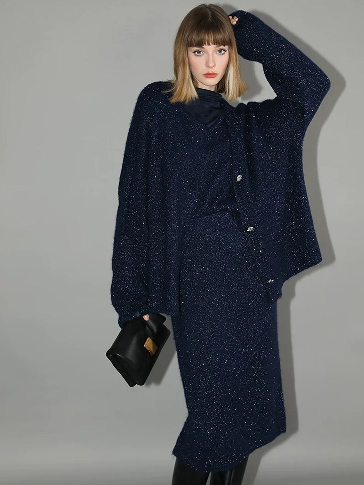 COCOBELLA Shimmer Knit Midi Straight H Line Back Slit Mid Waist Women Commuter Skirts