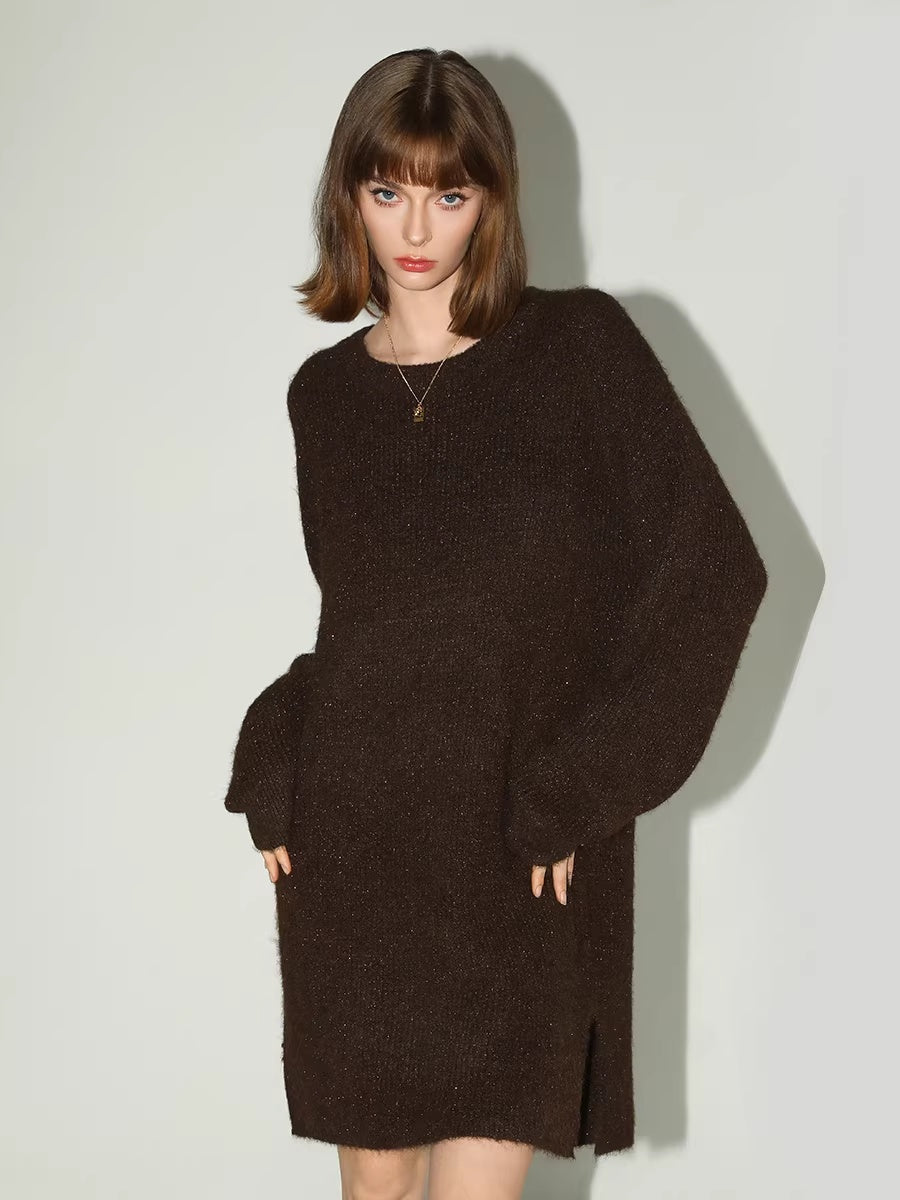 COCOBELLA_Shimmer_Knit_Relaxed_Fit_H_Line_Long_Sleeve_Round_Neck_Work_Dresses_MISSTT