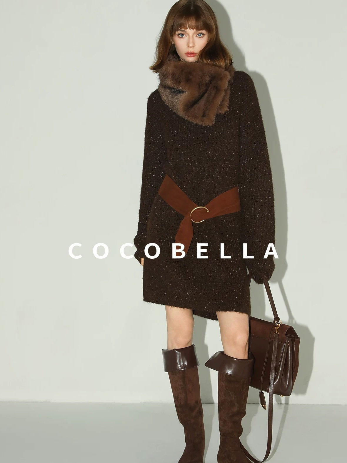 COCOBELLA Shimmer Knit Relaxed Fit H Line Long Sleeve Round Neck Work Dresses