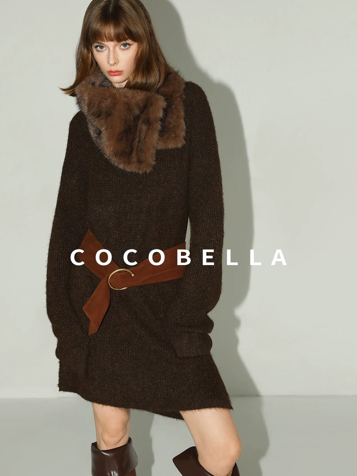 COCOBELLA Shimmer Knit Relaxed Fit H Line Long Sleeve Round Neck Work Dresses