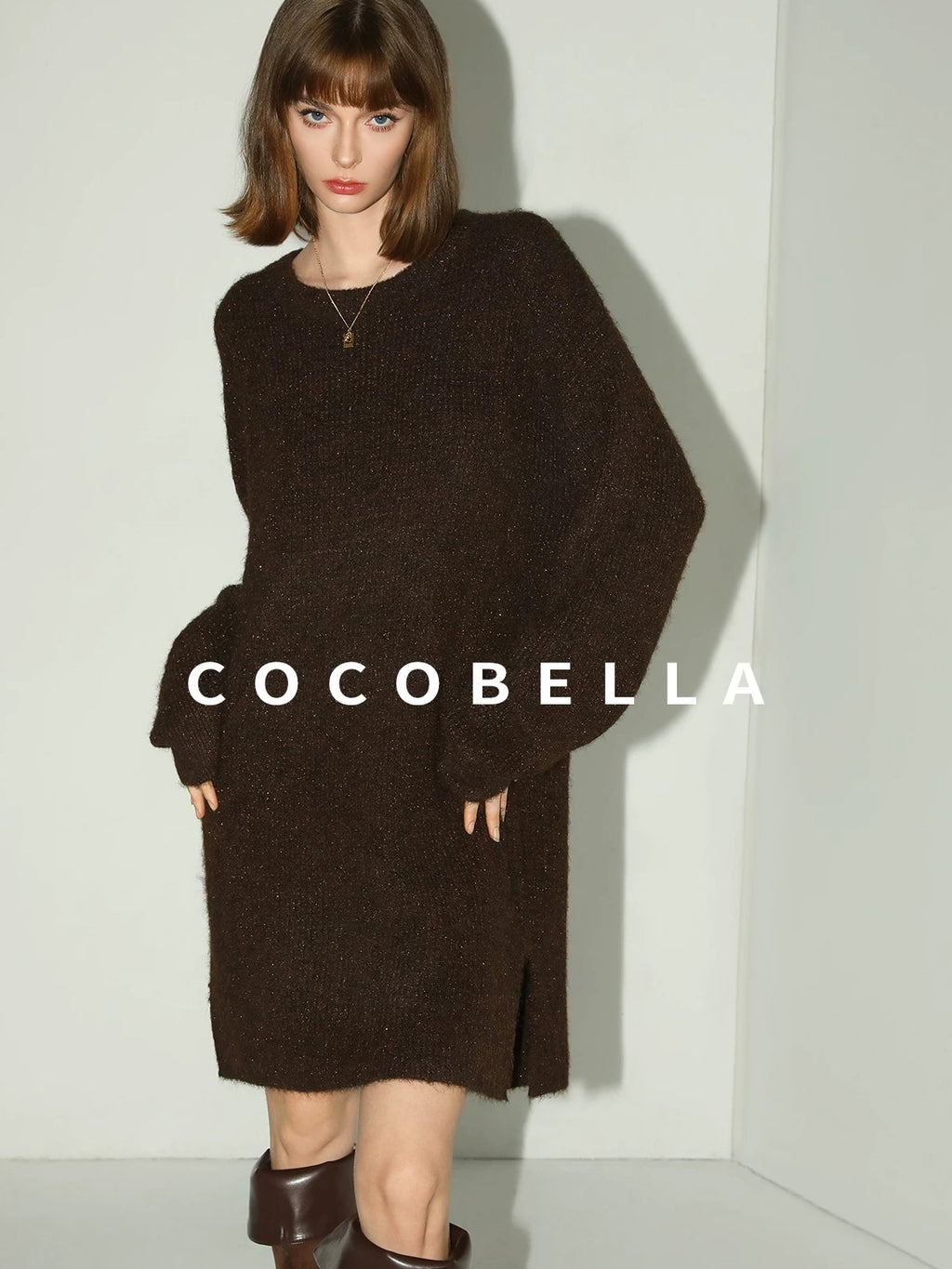 COCOBELLA Shimmer Knit Relaxed Fit H Line Long Sleeve Round Neck Work Dresses