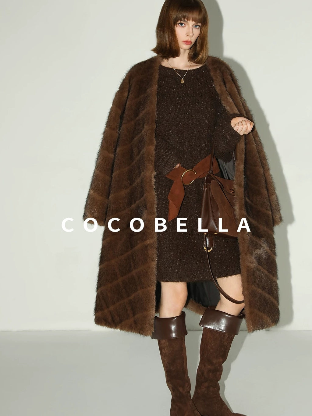 COCOBELLA Shimmer Knit Relaxed Fit H Line Long Sleeve Round Neck Work Dresses