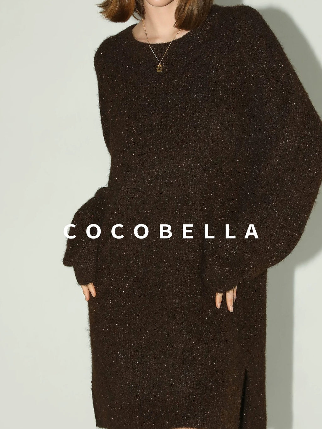 COCOBELLA Shimmer Knit Relaxed Fit H Line Long Sleeve Round Neck Work Dresses