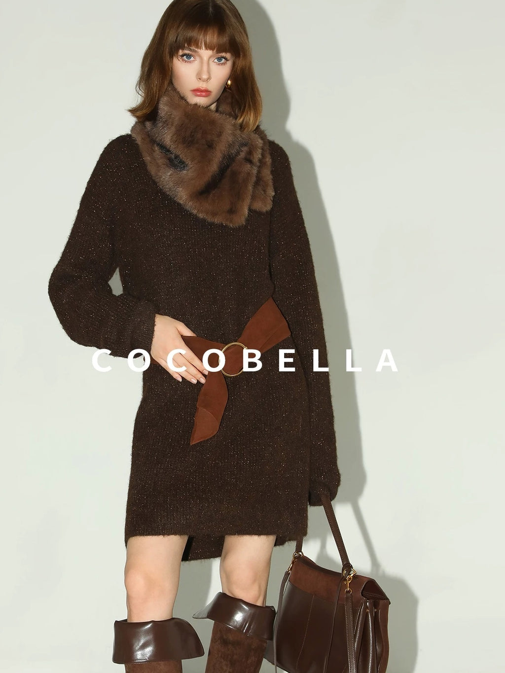 COCOBELLA Shimmer Knit Relaxed Fit H Line Long Sleeve Round Neck Work Dresses