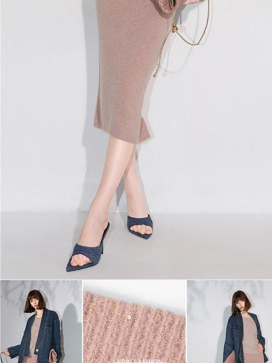 COCOBELLA Shimmer Knit Straight H Line Mid Waist Women Commuter Office Casual Skirts