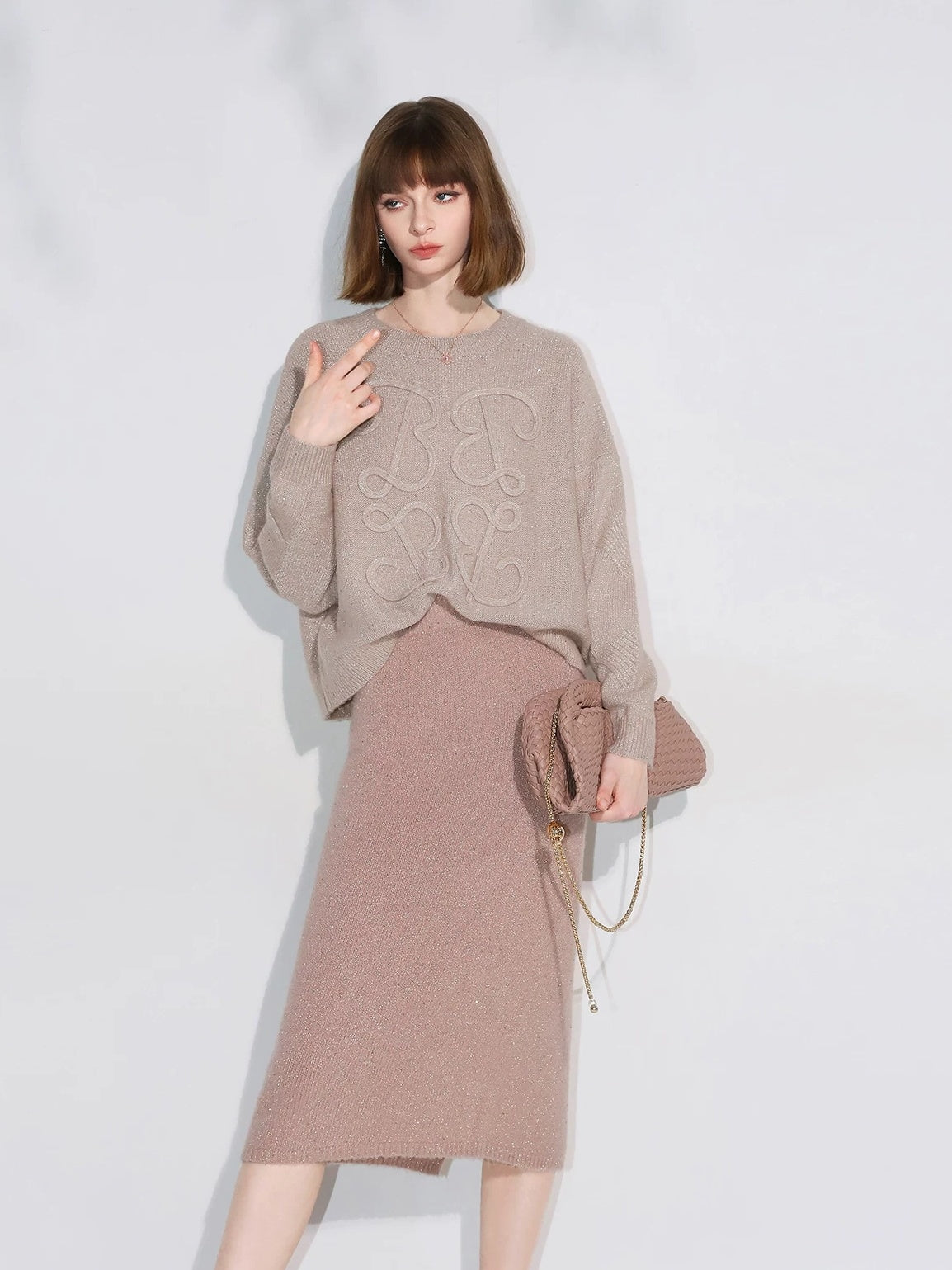 COCOBELLA Shimmer Knit Straight H Line Mid Waist Women Commuter Office Casual Skirts