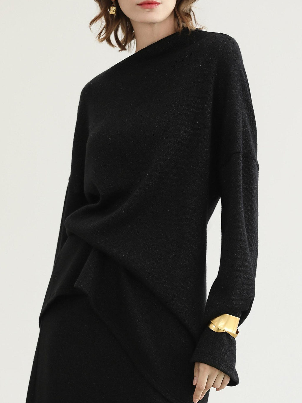 COCOBELLA Shimmer Loose Fit Boat Neck Office Chic Women Classic Black Knit Sweater