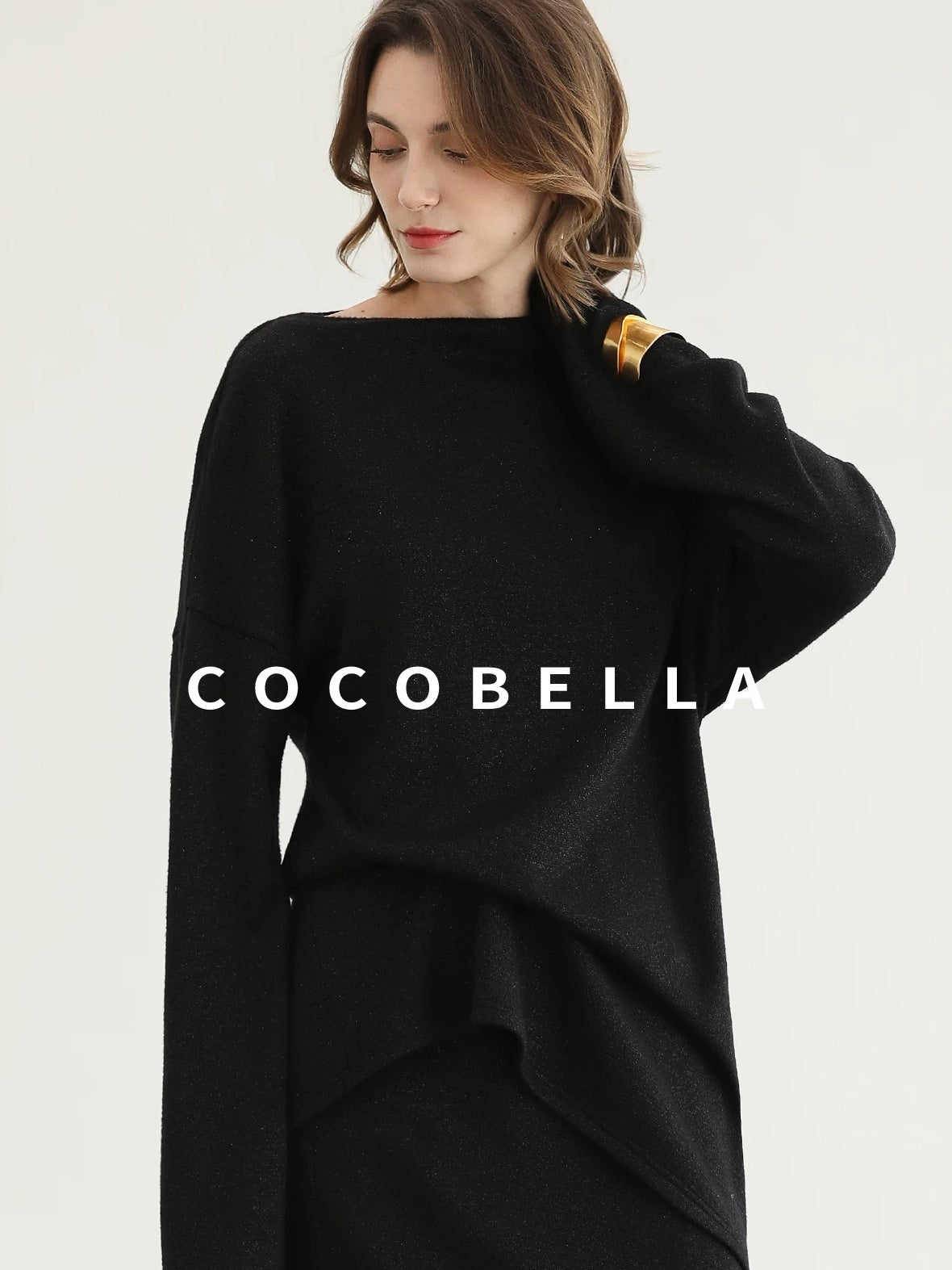 COCOBELLA Shimmer Loose Fit Boat Neck Office Chic Women Classic Black Knit Sweater
