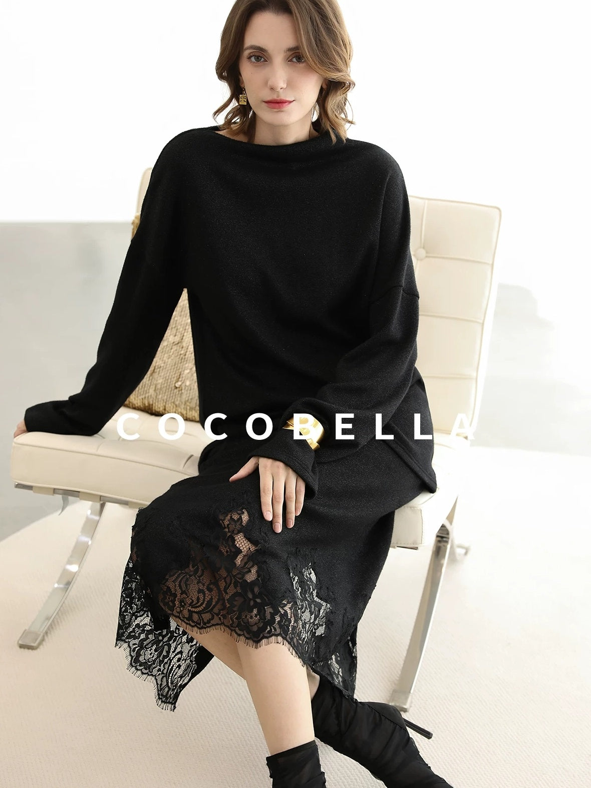 COCOBELLA Shimmer Loose Fit Boat Neck Office Chic Women Classic Black Knit Sweater