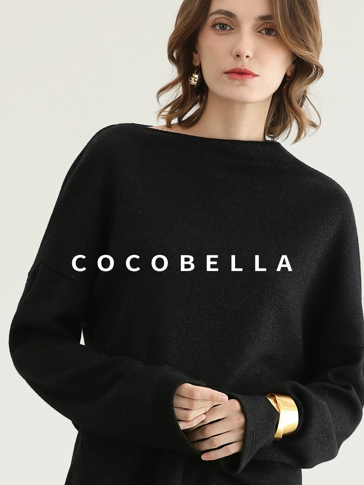 COCOBELLA Shimmer Loose Fit Boat Neck Office Chic Women Classic Black Knit Sweater