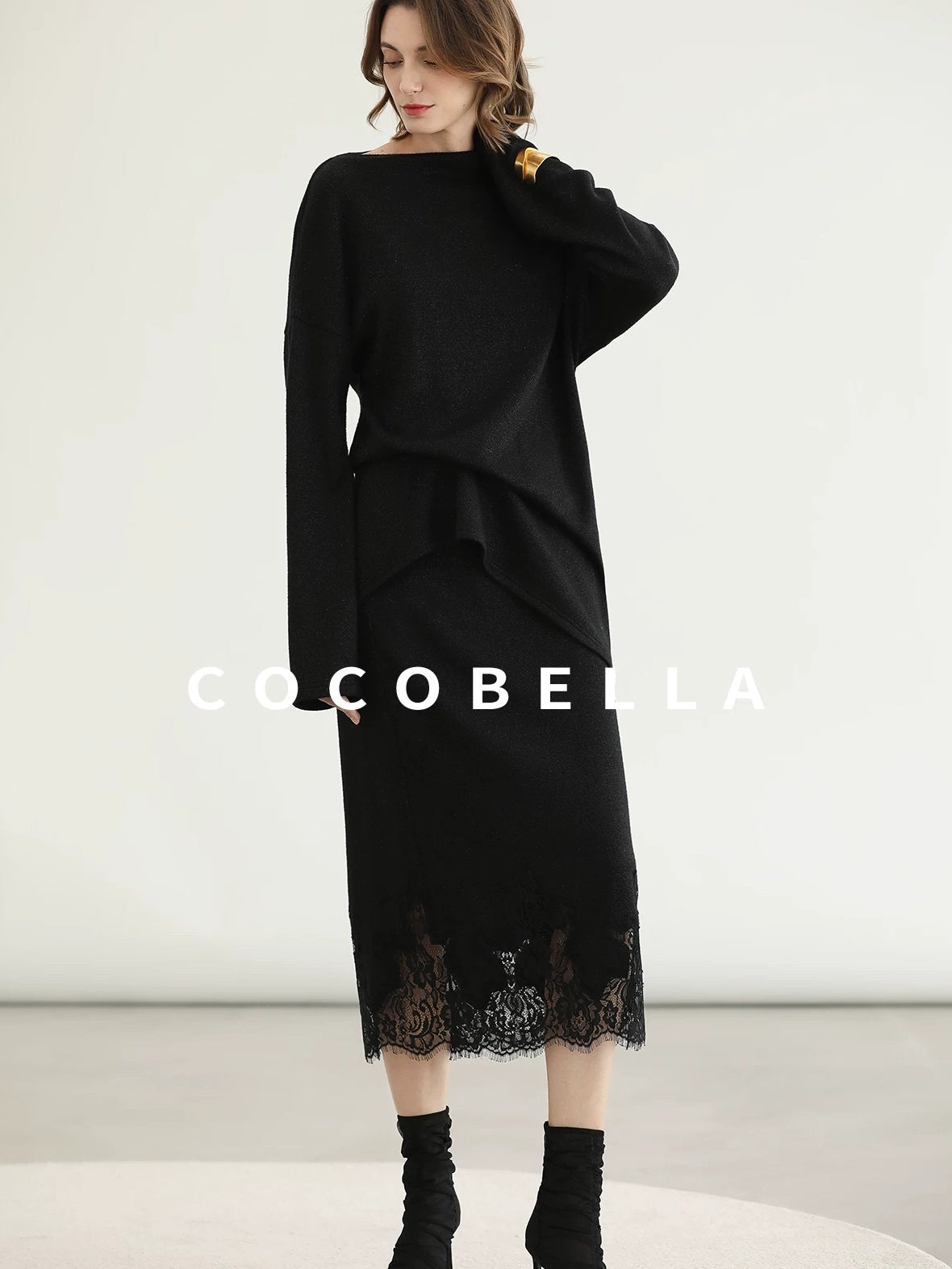 COCOBELLA Shimmer Loose Fit Boat Neck Office Chic Women Classic Black Knit Sweater