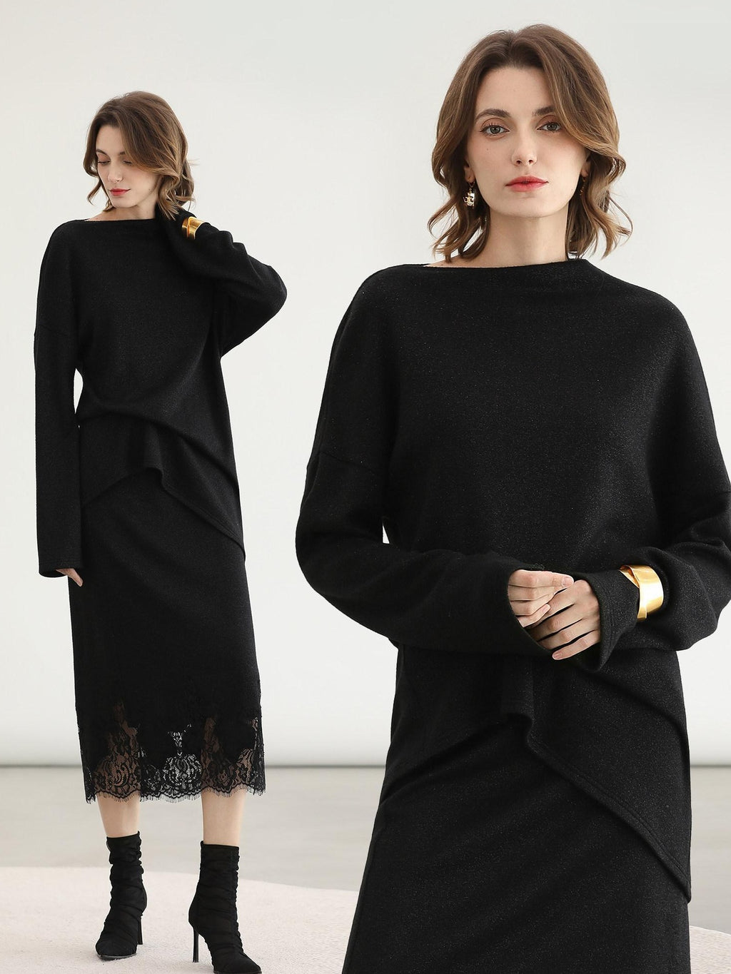 COCOBELLA Shimmer Loose Fit Boat Neck Office Chic Women Classic Black Knit Sweater