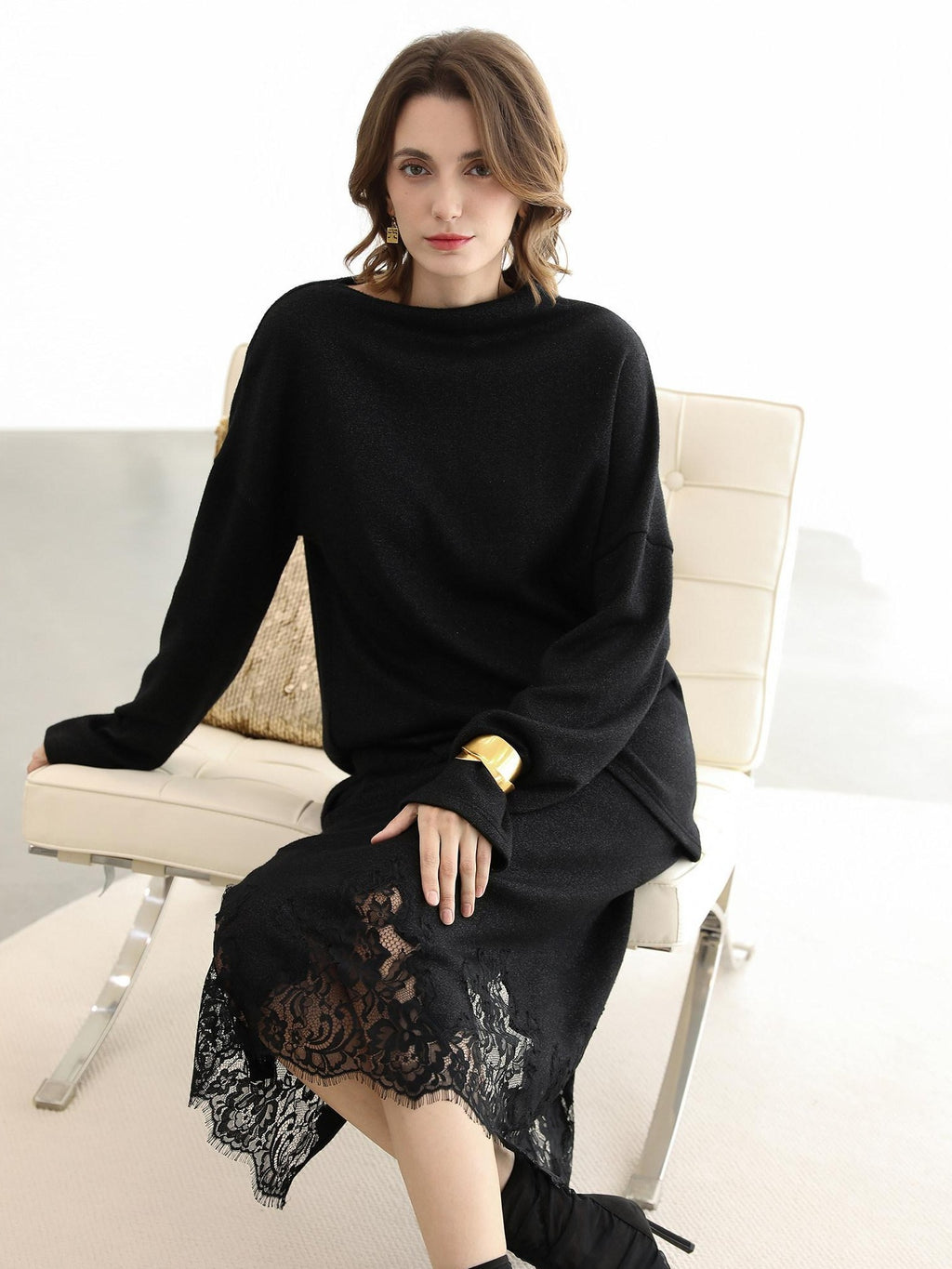 COCOBELLA Shimmer Loose Fit Boat Neck Office Chic Women Classic Black Knit Sweater