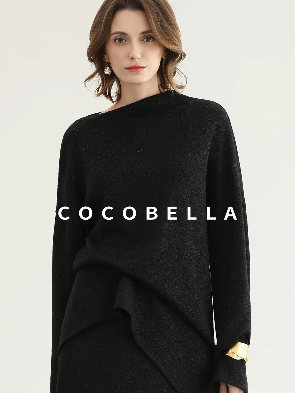 COCOBELLA Shimmer Loose Fit Boat Neck Office Chic Women Classic Black Knit Sweater