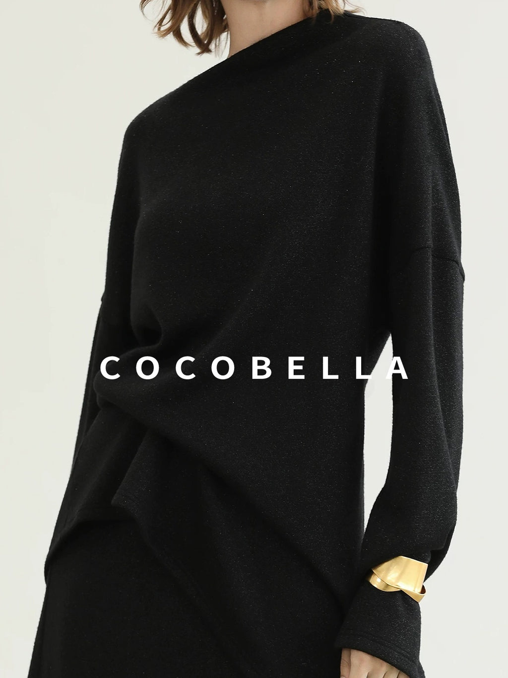 COCOBELLA Shimmer Loose Fit Boat Neck Office Chic Women Classic Black Knit Sweater