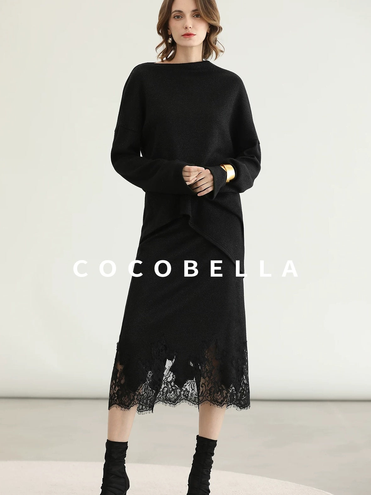 COCOBELLA Shimmer Loose Fit Boat Neck Office Chic Women Classic Black Knit Sweater