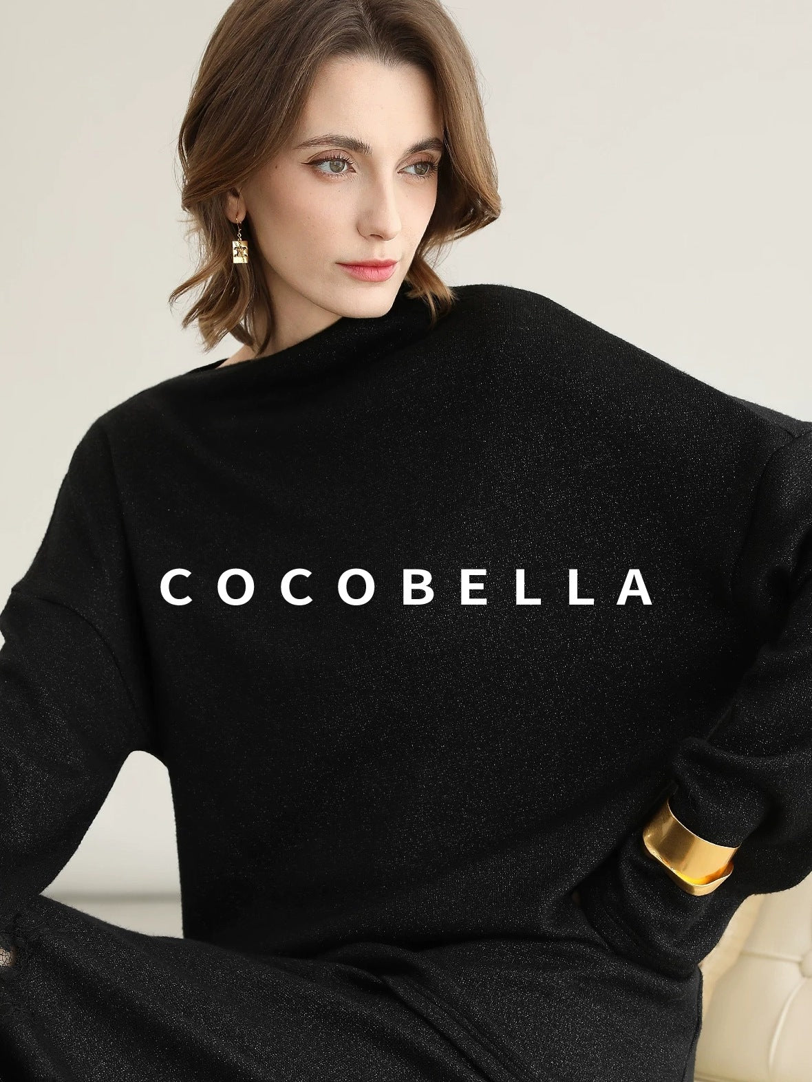 COCOBELLA Shimmer Loose Fit Boat Neck Office Chic Women Classic Black Knit Sweater