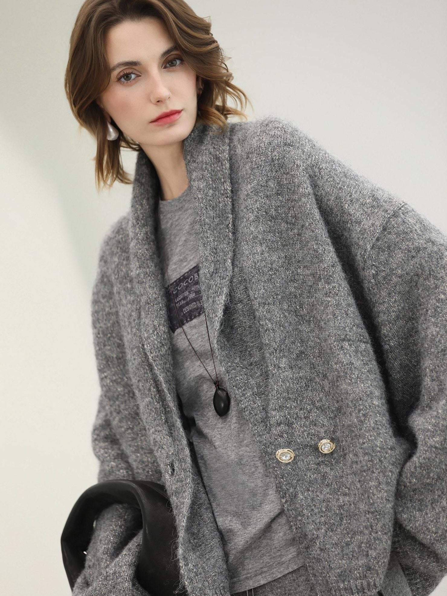 COCOBELLA Shimmer Lurex Double Breasted Relaxed Fit Office Cardigan Knit Sweater